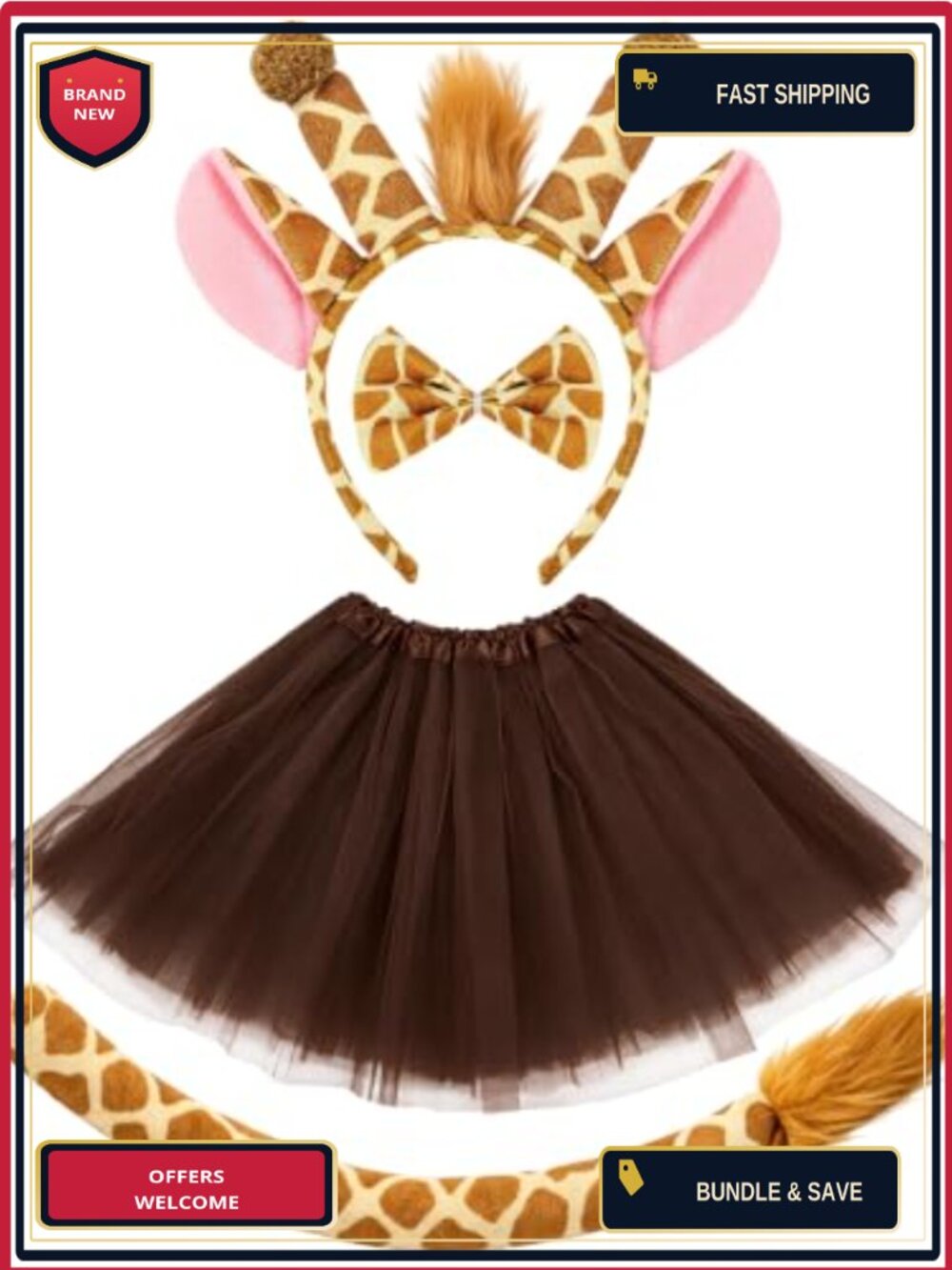 Giraffe Costume Accessory Set Plush Headband Bow Tie Tail Tulle Tutu Halloween
